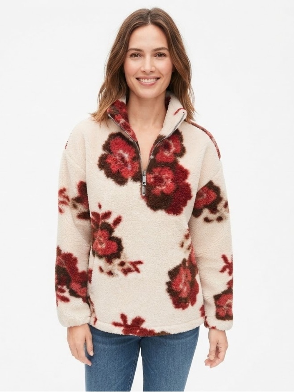LOFT Floral Sherpa 1/4 Zip Pullover Fleece Sweater Cream Red Brown Size Small